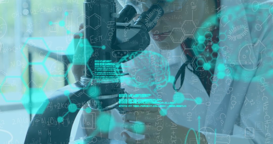 Lab Scientist Examining Microscope with Data Overlay