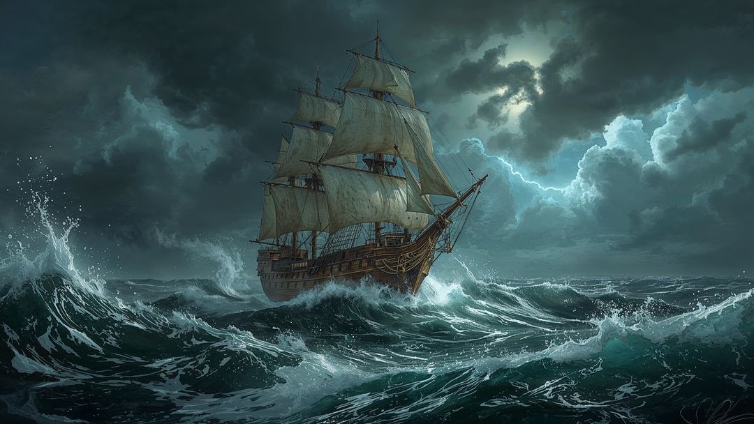 Pirate ship navigating stormy seas at night with lightning