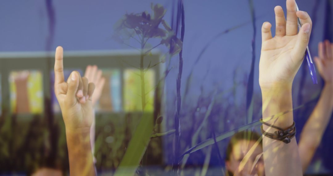 Students Enthusiastically Raising Hands in Classroom Discussion
