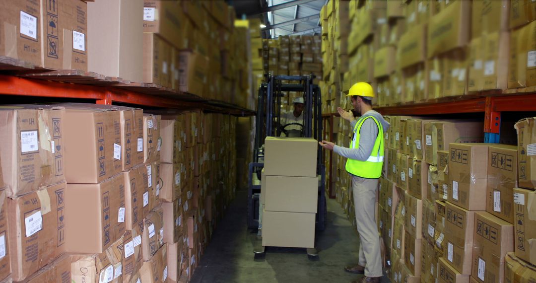 Workers Managing Inventory in Warehouse with Forklift and Boxes - Free Images, Stock Photos and Pictures on Pikwizard.com