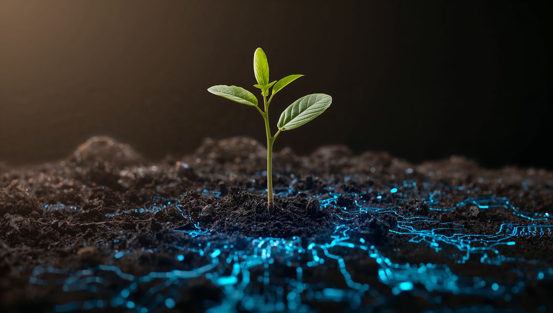 Green seedling growing from dark soil with glowing blue circuit network symbolizing biotechnology