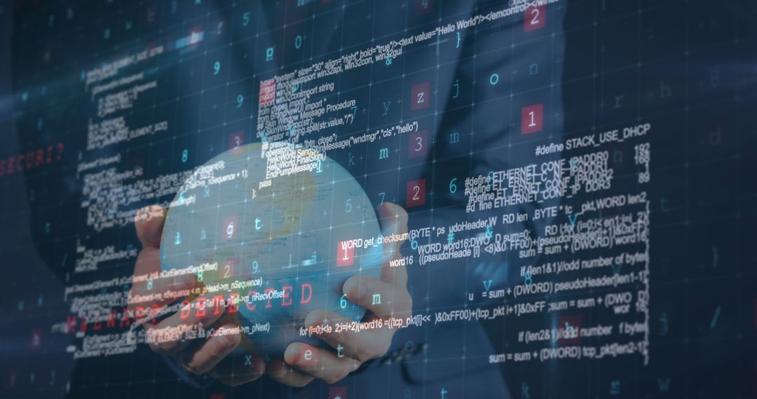 Businessman Holding Globe with Digital Information Overlaid