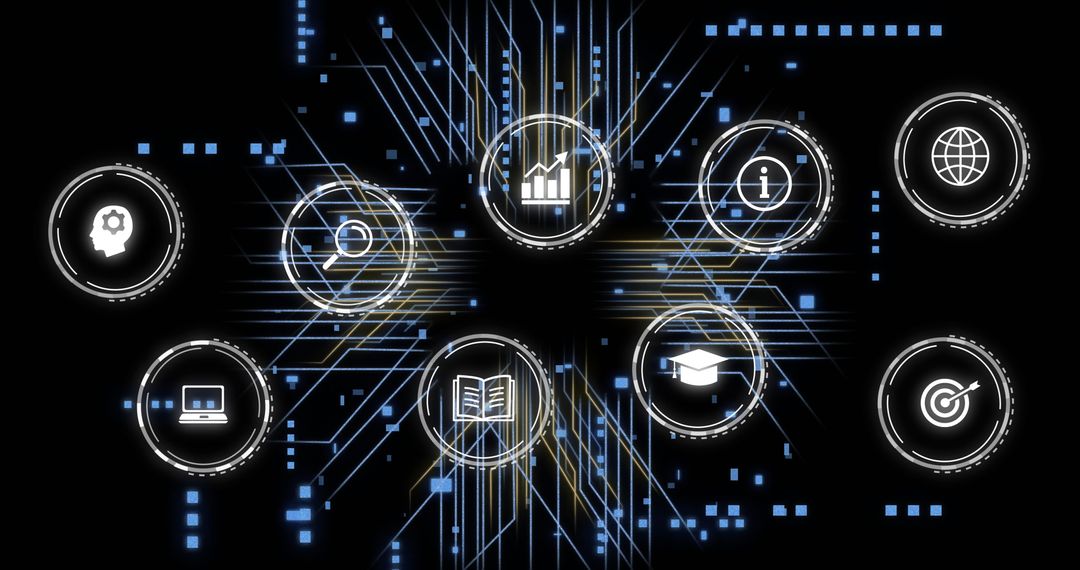Futuristic Data Processing Interface with Technology Icons