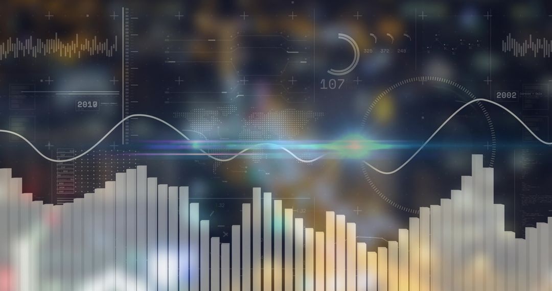 Futuristic Data Dashboard with Bar Chart, Sine Wave Line, Gauge and Map Overlay