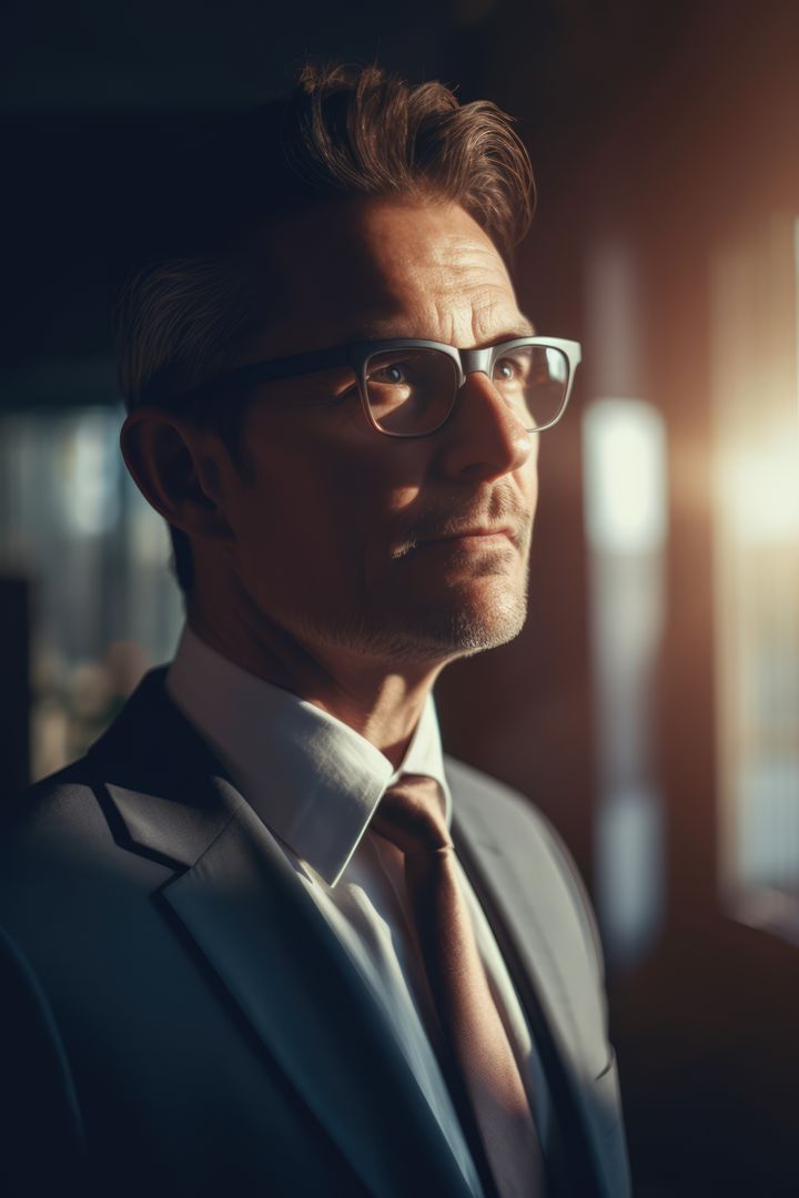 Confident Businessman in Office Looking Thoughtful During Sunset - Free Images, Stock Photos and Pictures on Pikwizard.com