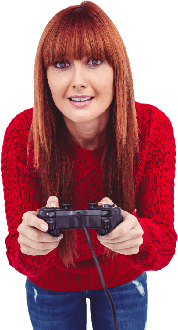 Smiling Woman in Red Sweater Playing Video Games Transparent Background