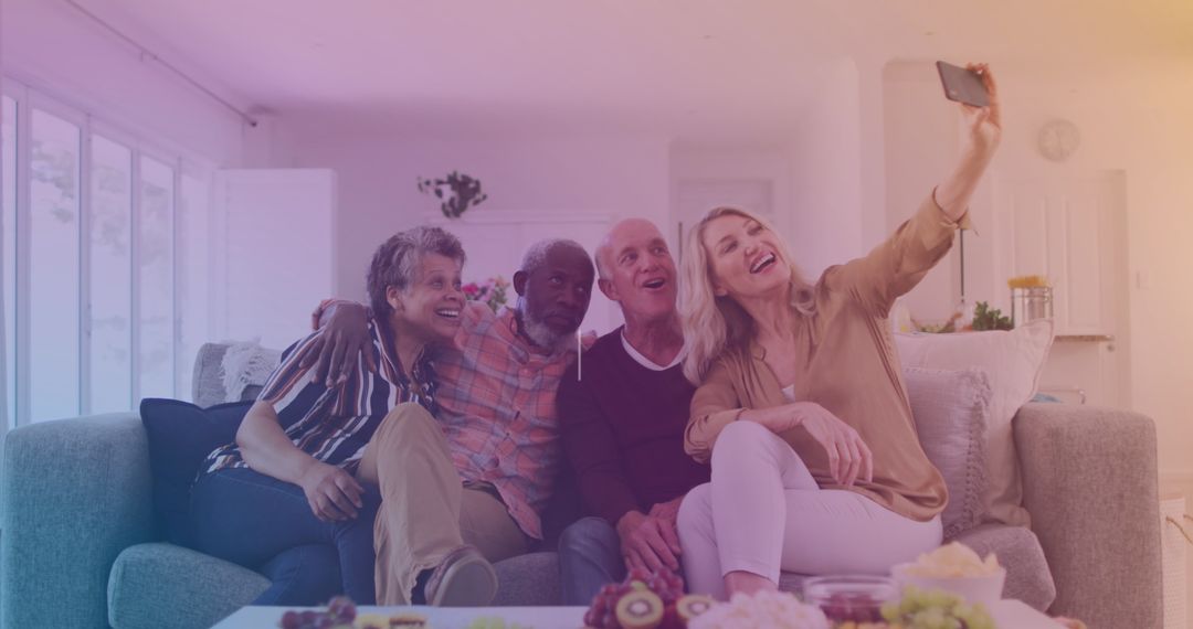 Smiling Friends Taking Selfie Relaxing on Sofa at Home