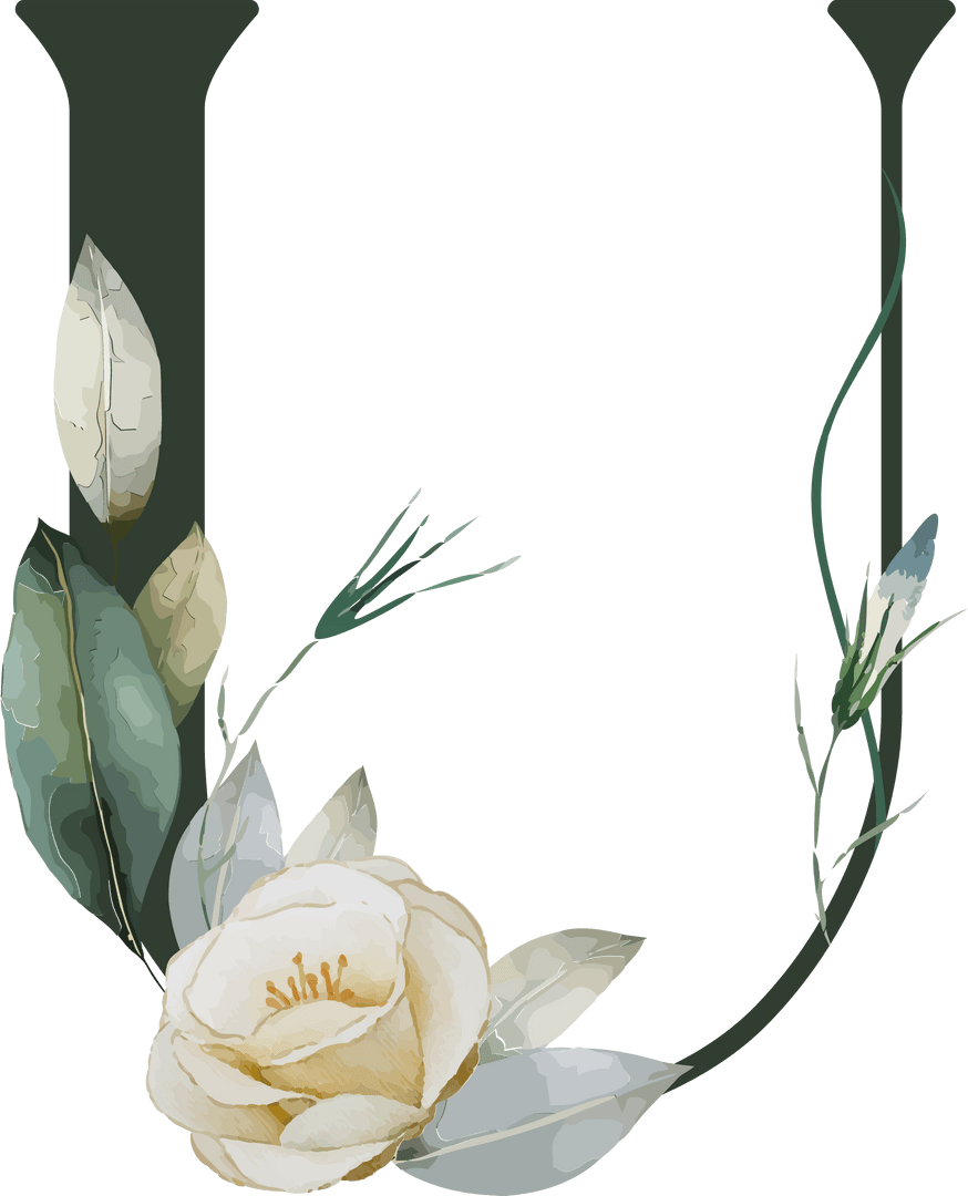 Watercolor Floral Alphabet U on Transparent Background