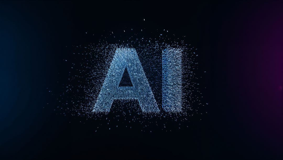 Forming AI letters with glowing particle trails and digital data fragments