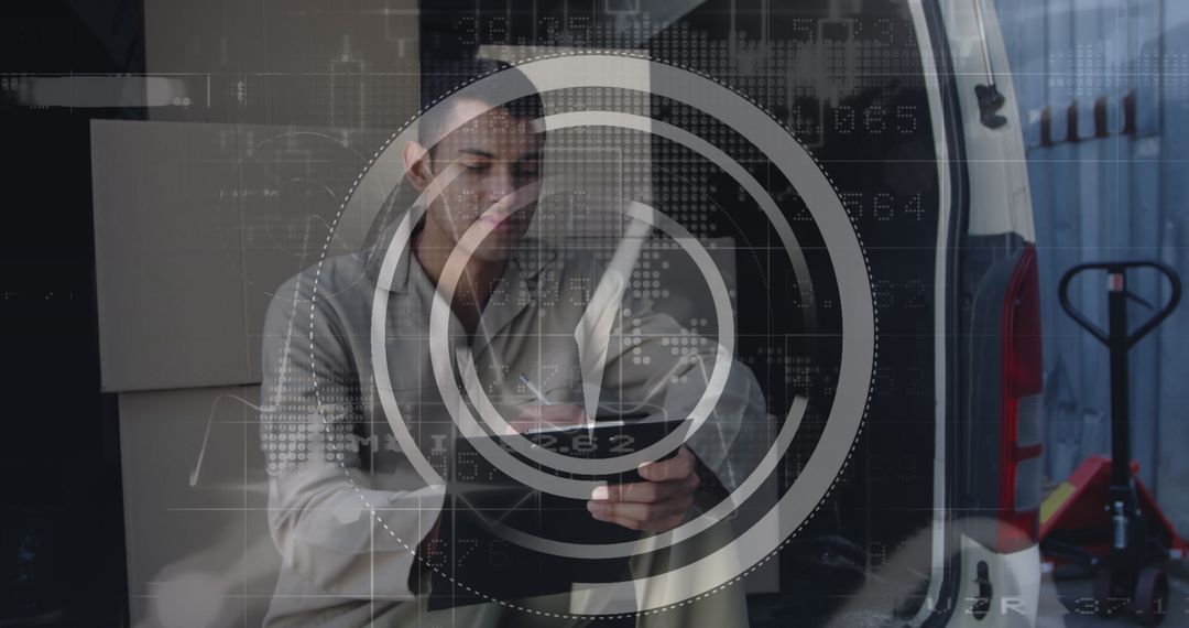 Businessman Analyzing Digital Data Overlay While Sitting