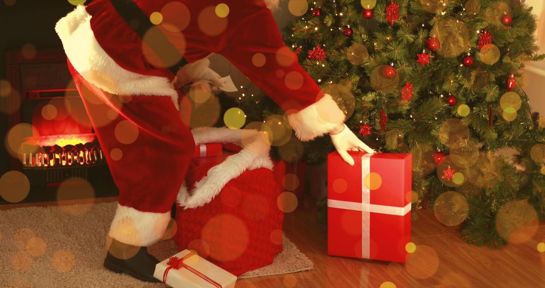 Santa Claus Delivering Gifts by Christmas Tree