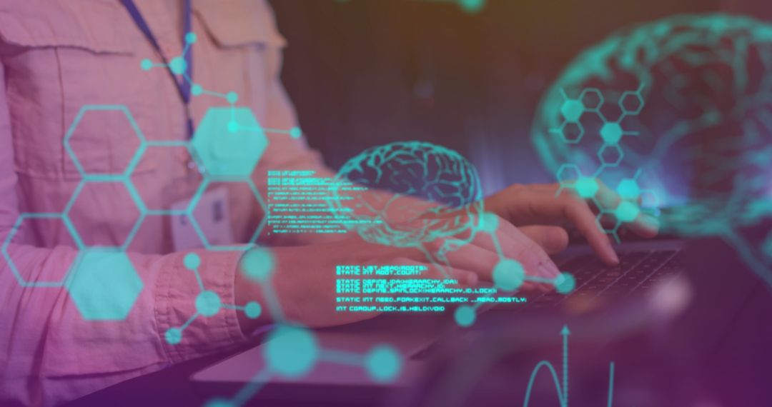Woman Using Laptop with Overlay of Data and Digital Brain