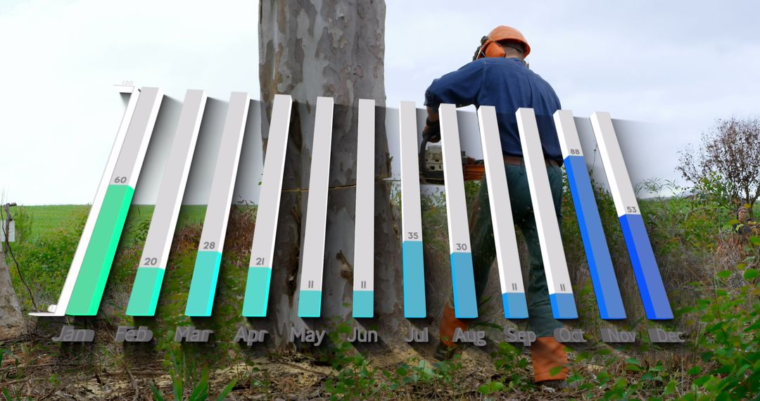 Logger Cutting Tree with 3D Bar Chart Analysis Overlay