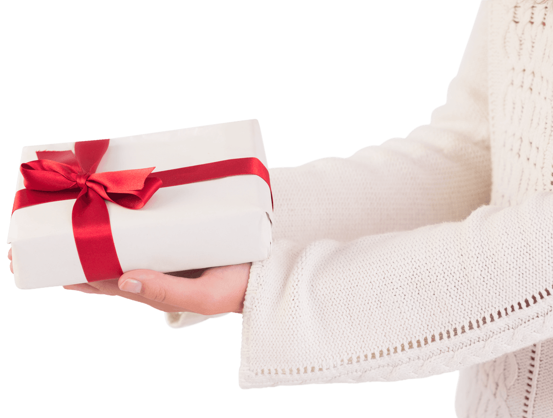 Person Offering Gift Wrapped with Red Bow on White Background