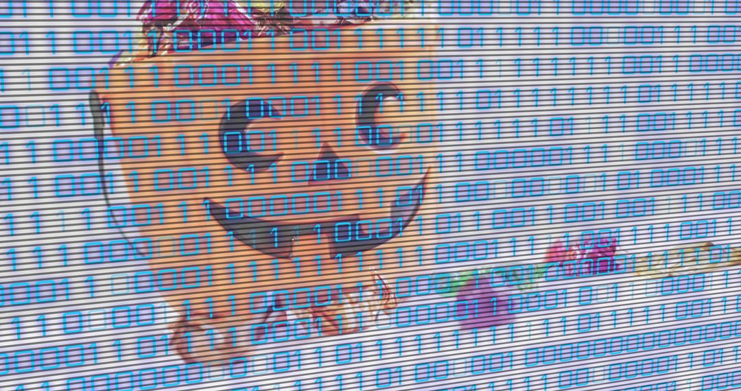 Whimsical Crowned Orange Character Mural on Metal Shutter with Blue Binary Overlay