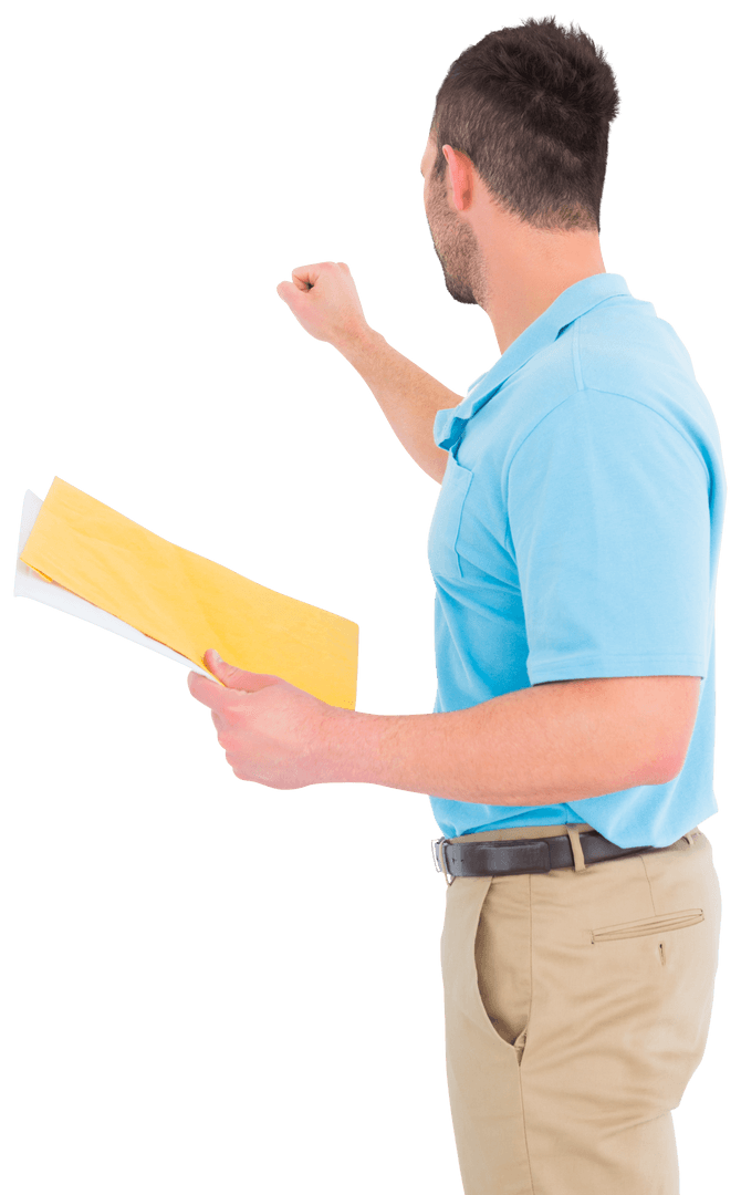 Transparent Side View Delivery Man Holding Envelope Knocking On Door