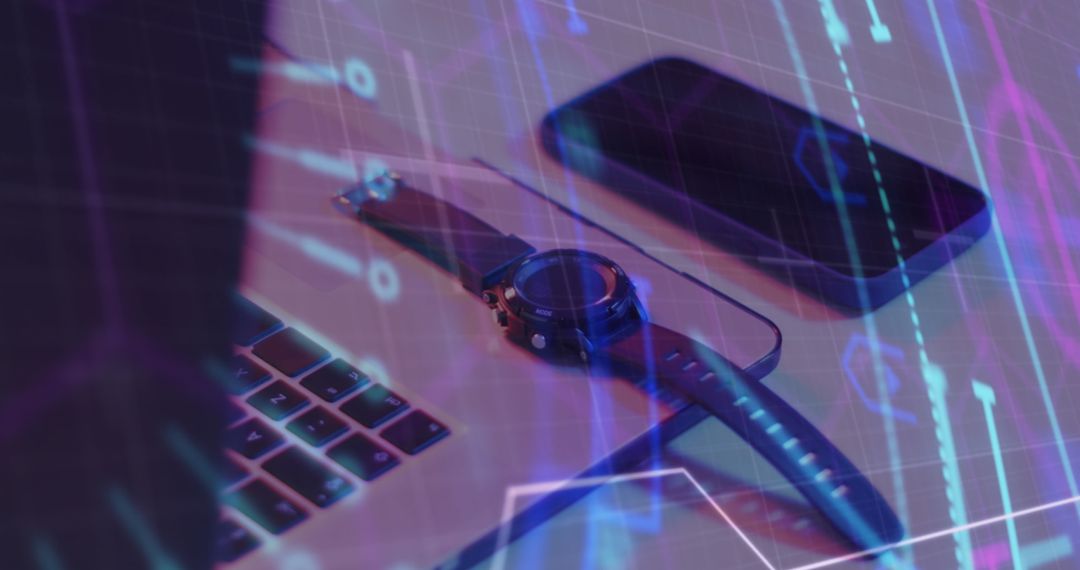 Digital Interface with Laptop, Smartwatch, and Smartphone on Desk