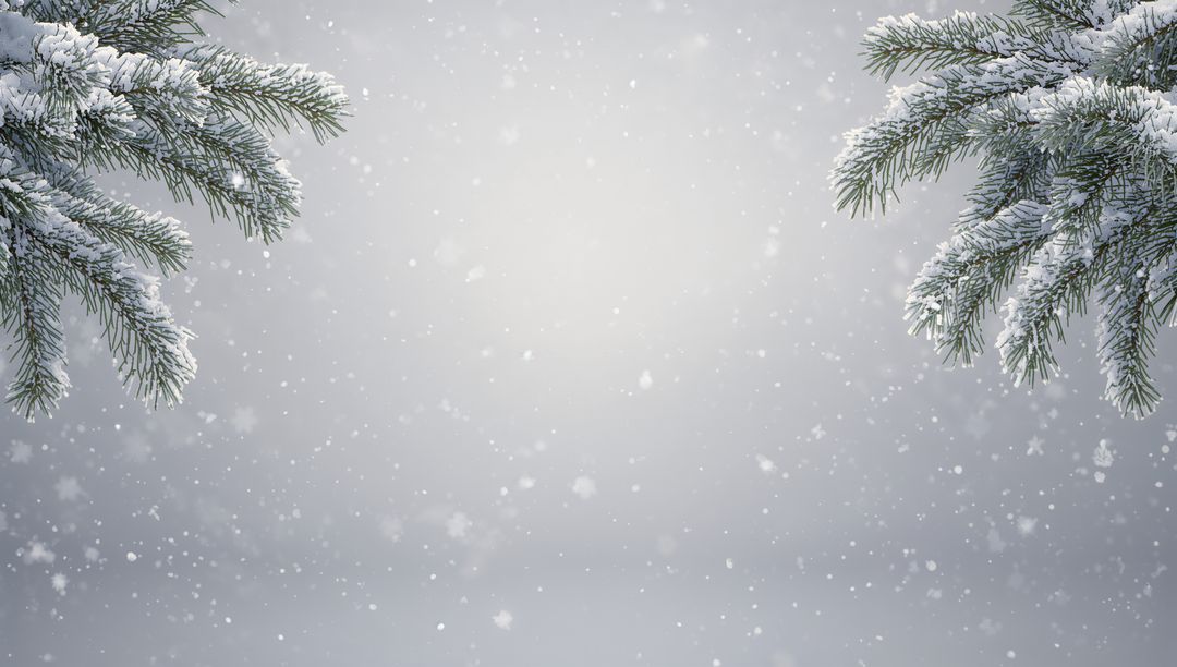 Snowy Fir Branches Framing Pale Gray Winter Background with Falling Snowflakes