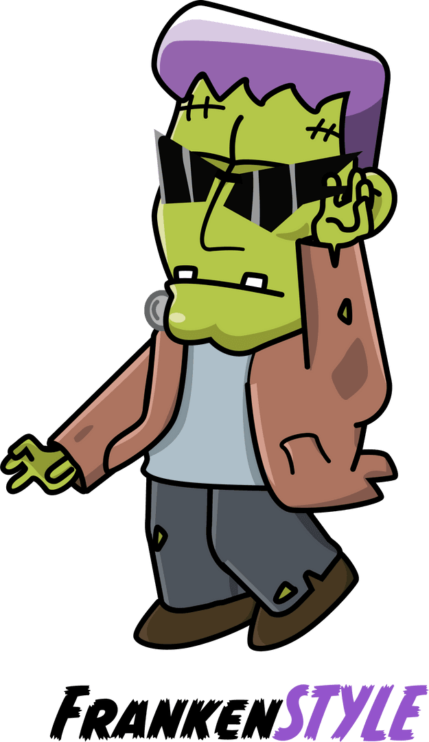 Quirky Frankenstein Character in Cool Outfit on Transparent Background