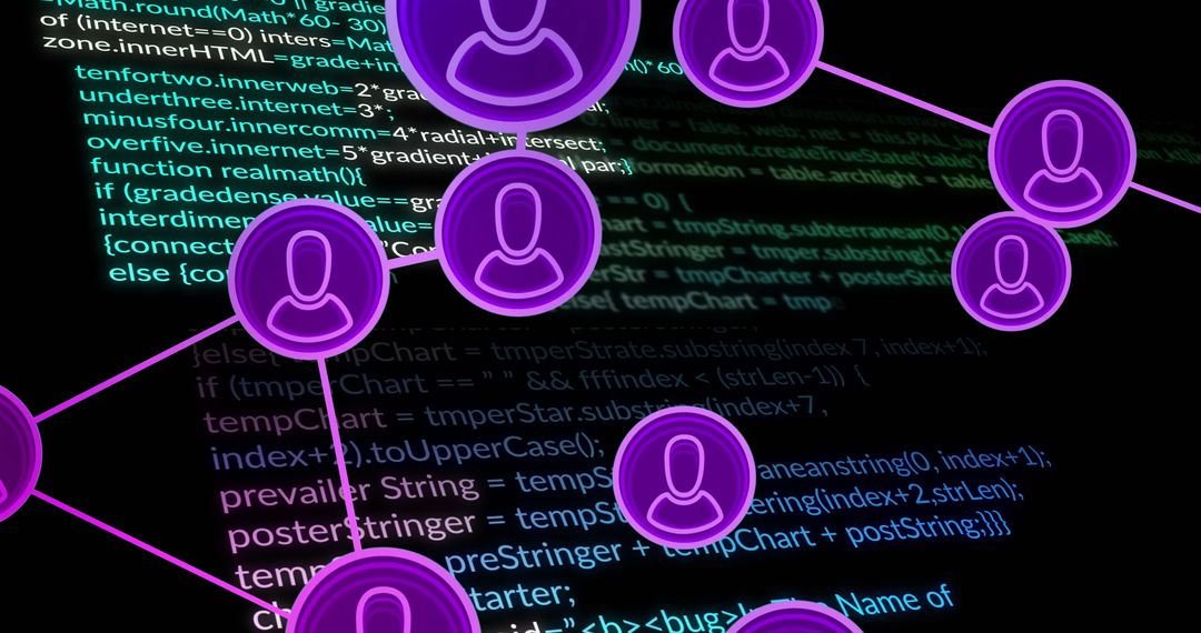 Cyber Network with Transparent User Icons and Code Background