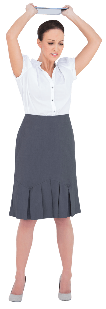 Transparent Angry Businesswoman Throwing Tablet in Office Attire