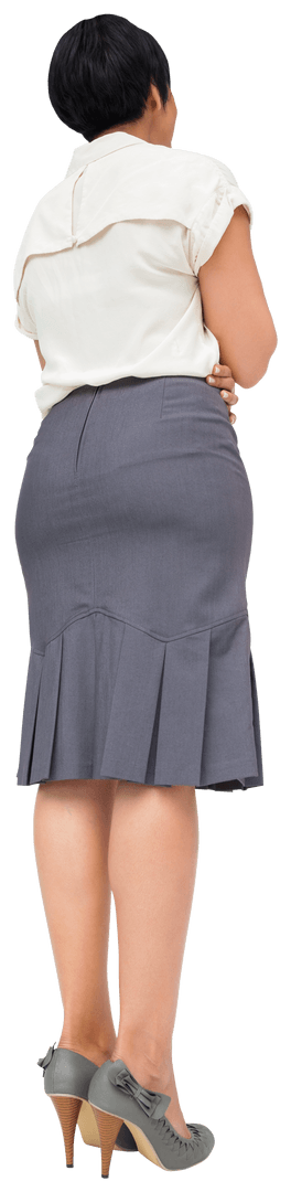 Transparent Back View of Thoughtful Businesswoman Standing in Contemplation