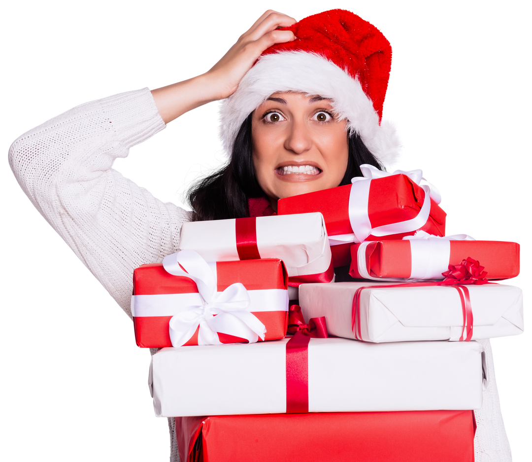 Stressed Woman in Santa Hat Holding Many Gift Boxes, Transparent Background - Download Free Stock Images Pikwizard.com