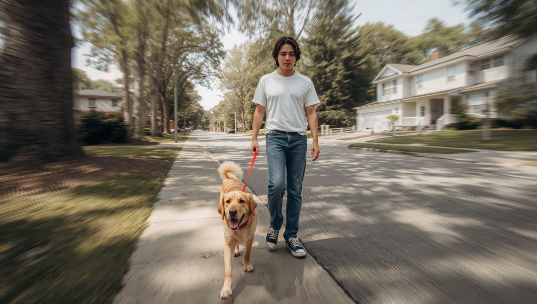 Man Walking Golden Retriever on Tree-Lined Suburban Walkway