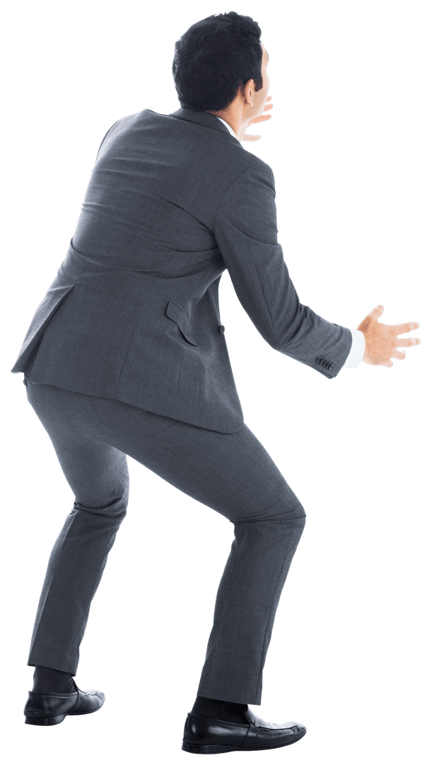 Back View of Asian Businessman in Gray Suit on Transparent Background