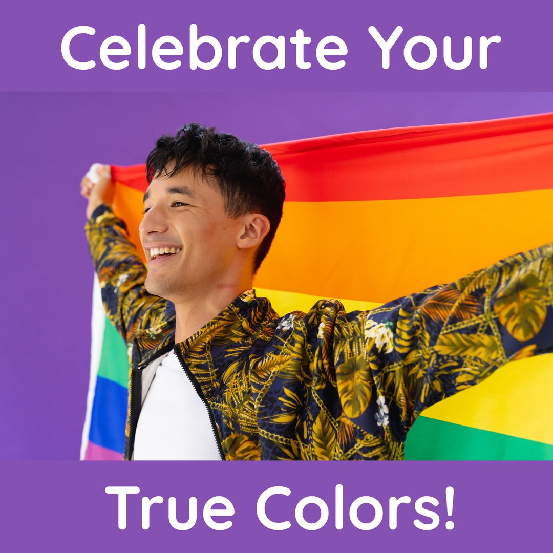 Joyful Young Man Celebrating with Pride Flag on Purple Background - Download Free Stock Templates Pikwizard.com