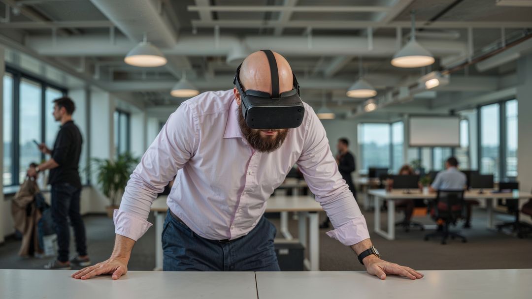 Man Engaged with VR Headset for Innovative Office Work Experience