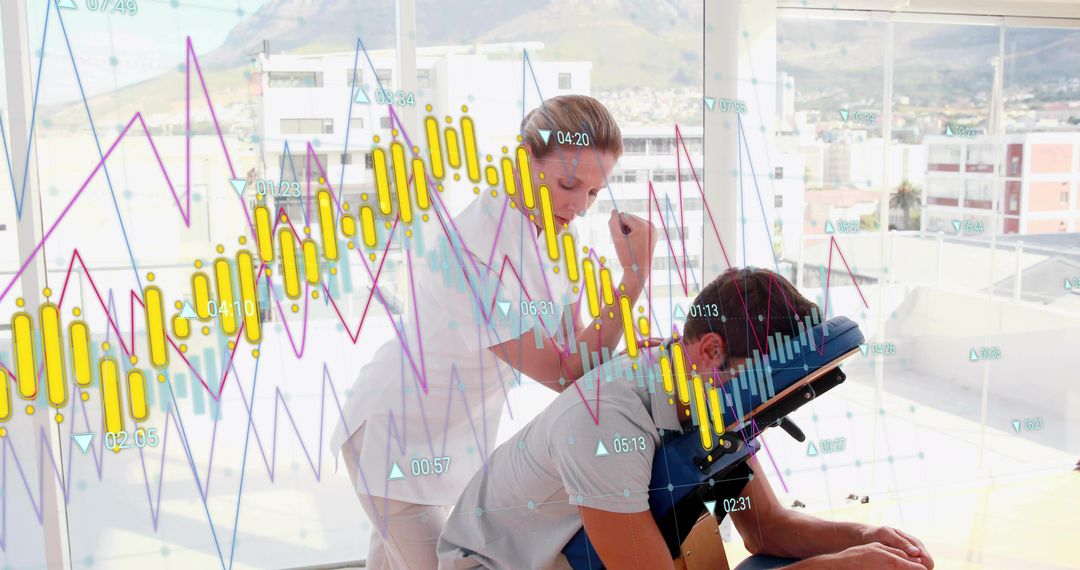 Therapist Massaging Client on Portable Chair with Analytics Overlay for Corporate Wellness