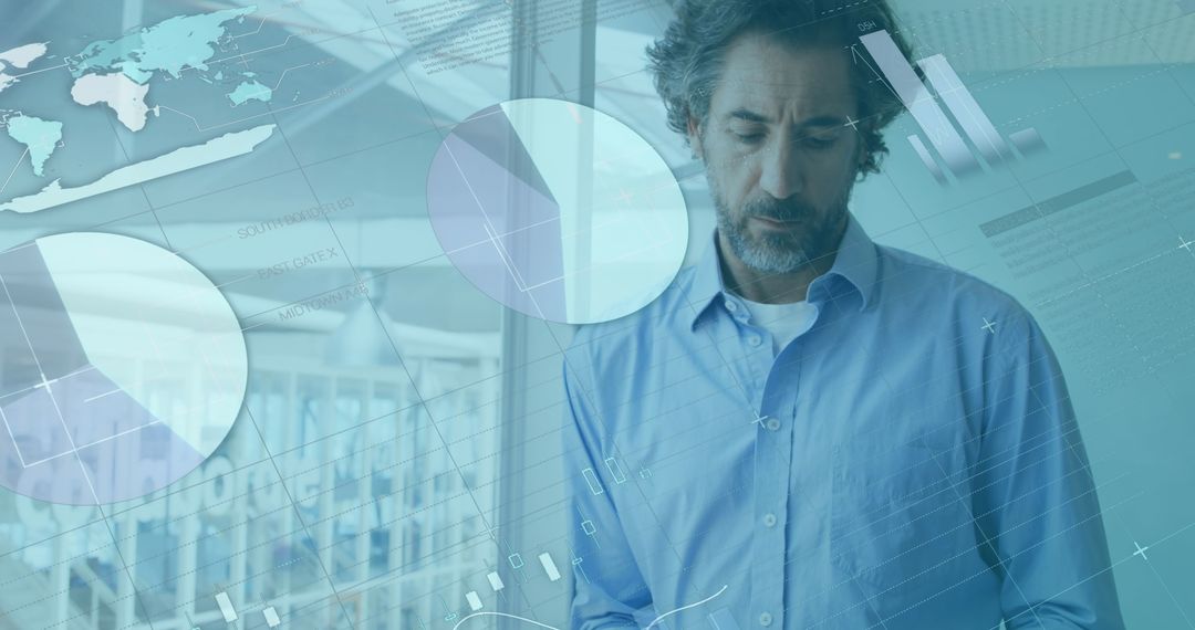 Middle-Aged Man Engaged in Virtual Data Analysis in Blue Environment