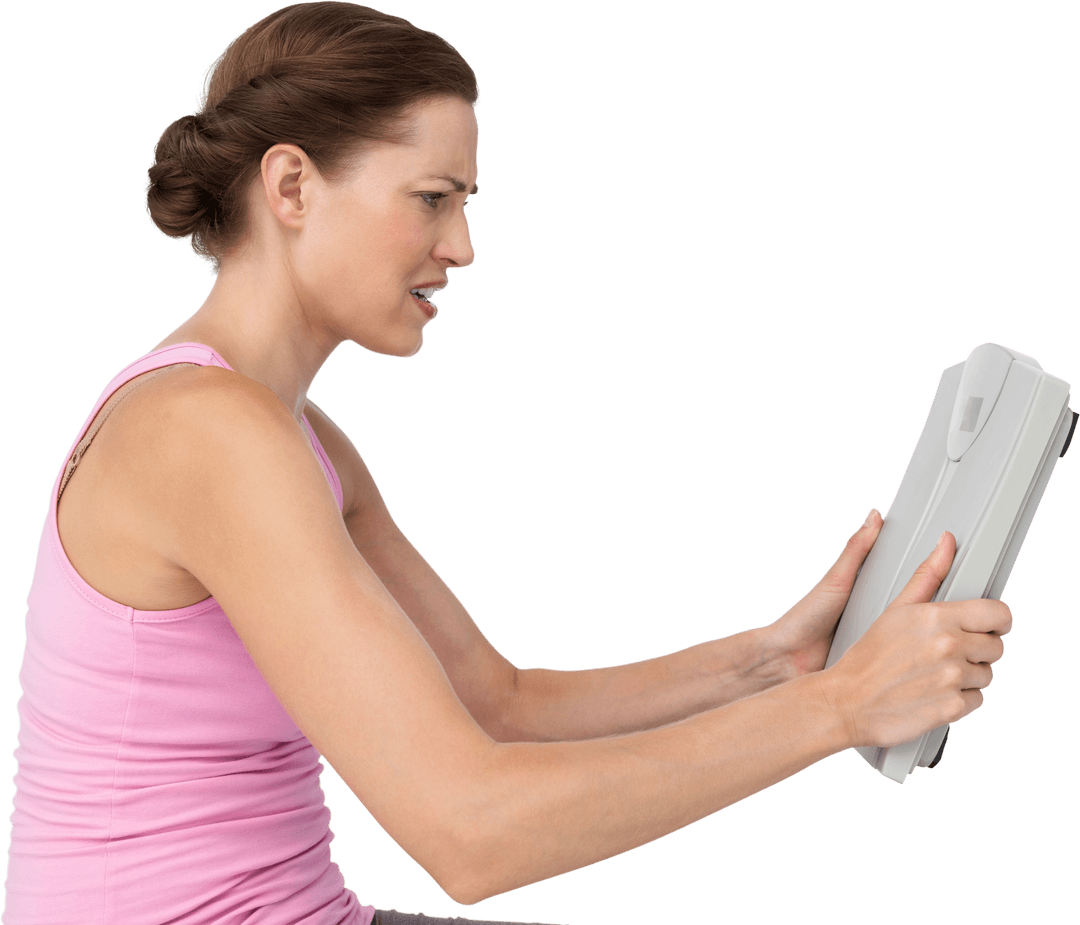Annoyed Woman Examining Transparent Bathroom Scale