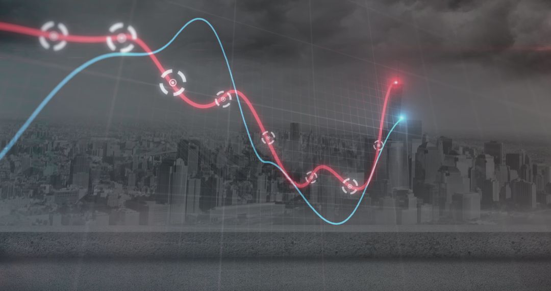 Cityscape with Glowing Graphs and Data Visualization