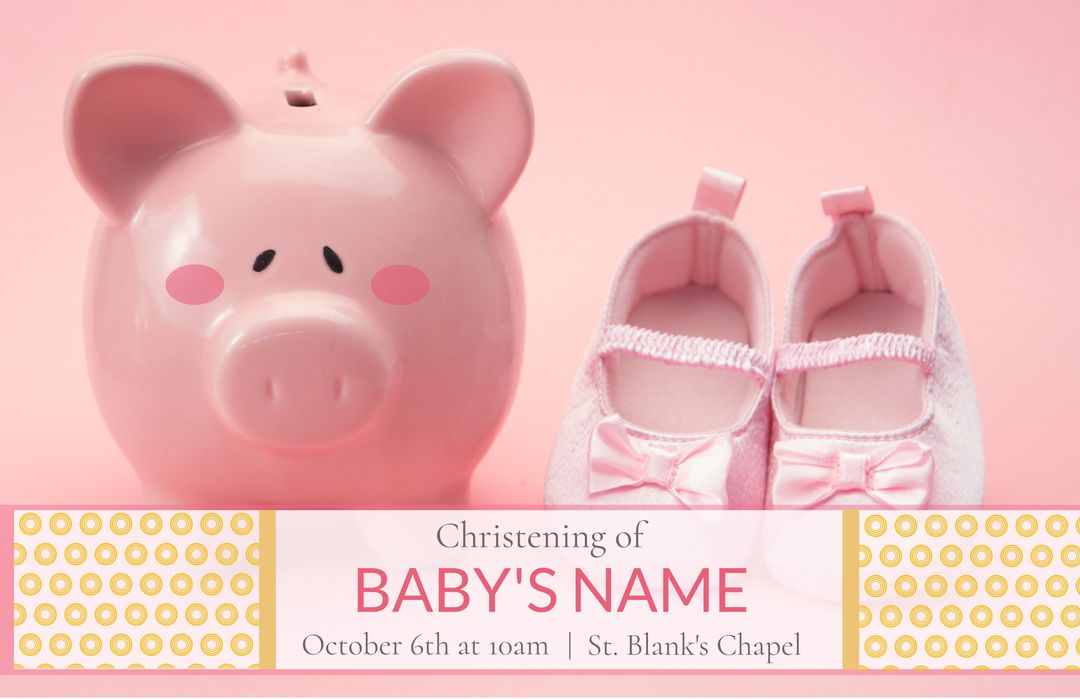 Christening Invitation with Pink Piggy Bank and Baby Shoes on Pink Background - Download Free Stock Templates Pikwizard.com