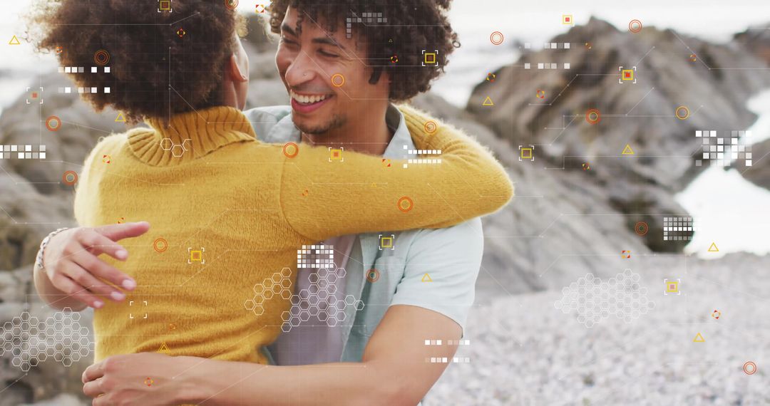 Romantic Couple Embracing on Beach with AR Elements