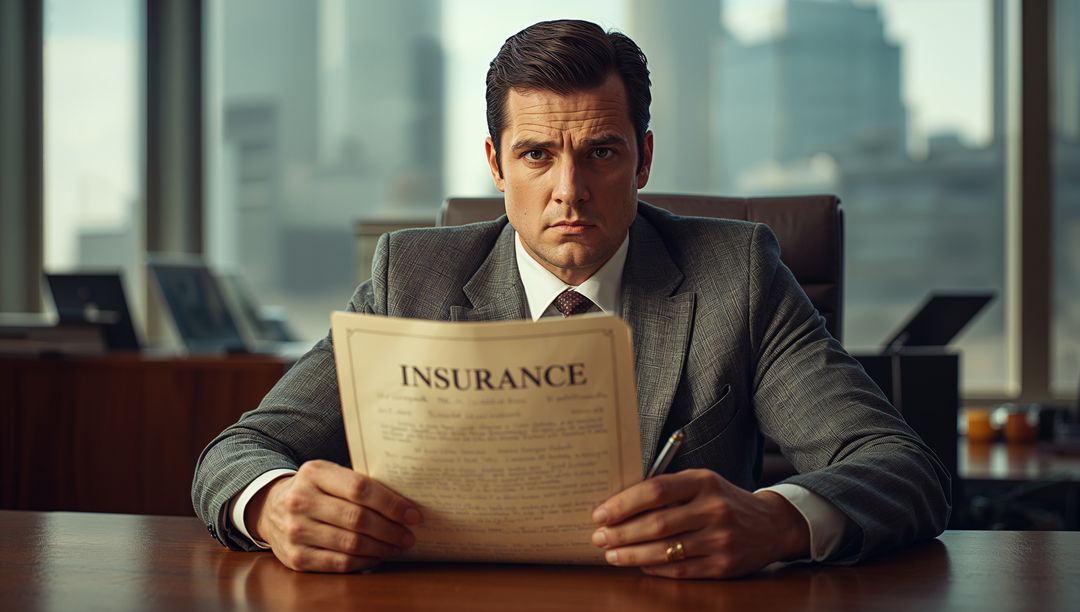 Businessman Analyzing Insurance Document in Modern Office Setting