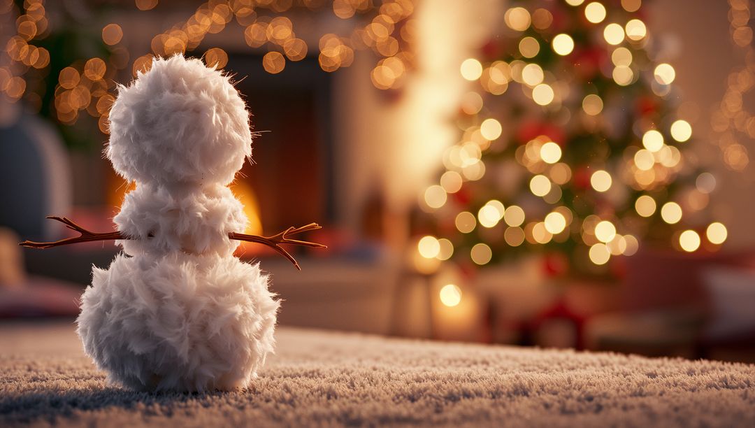 Cozy Snowman by Christmas Tree with Bokeh Holiday Lights
