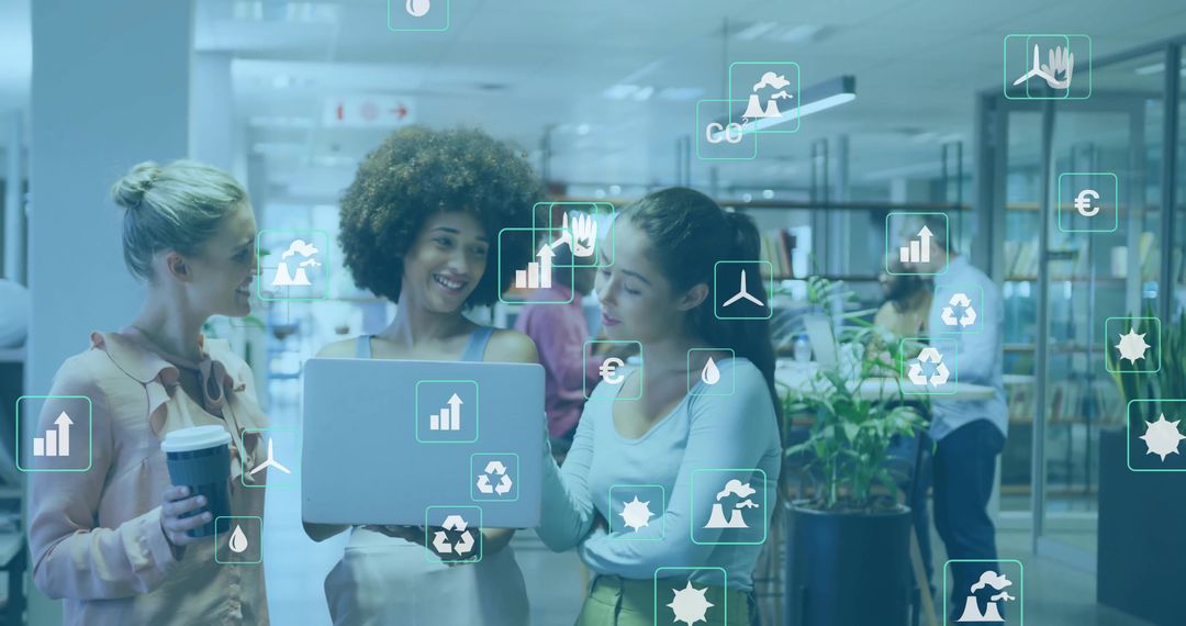Women Collaborating in Modern Workspace with Digital Analytics Icons Overlay