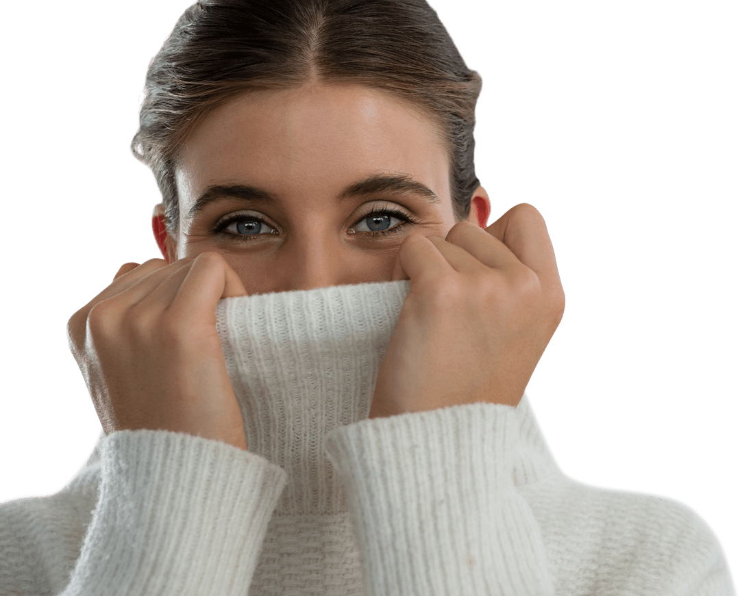 Stylish Woman Playfully Peeking Over Cozy White Turtleneck