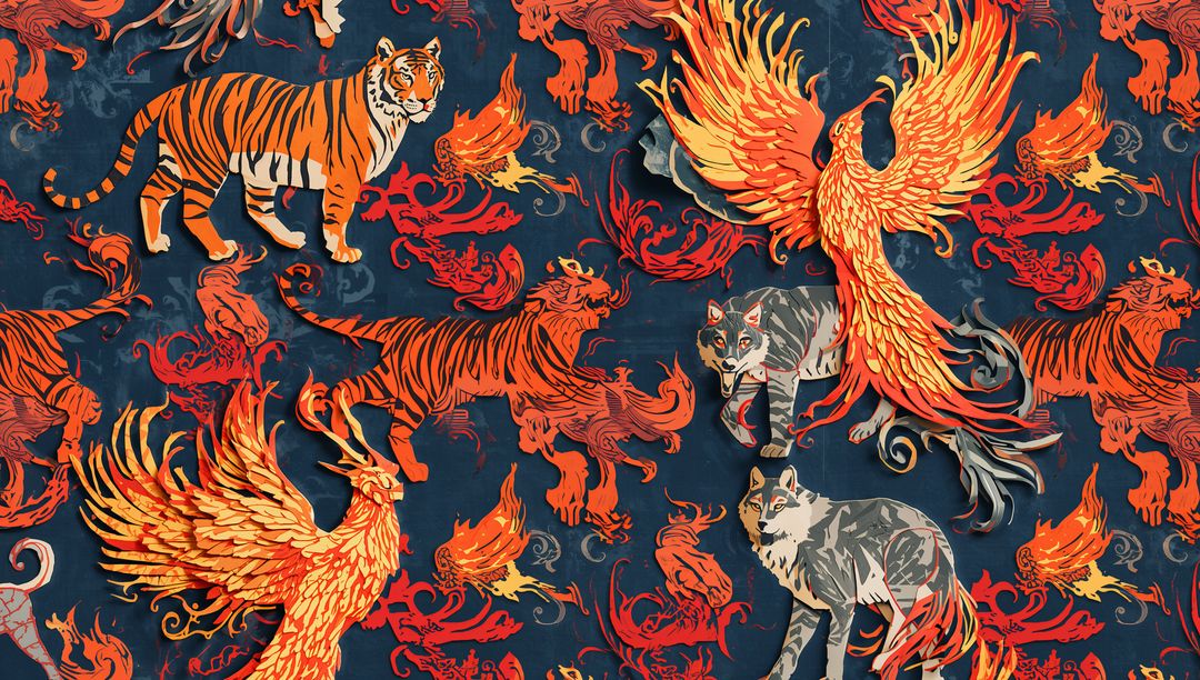Mythical Creatures Pattern with Phoenix and Tiger Designs