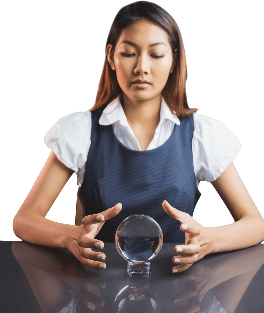 Businesswoman Focusing on Crystal Ball with Transparent Background