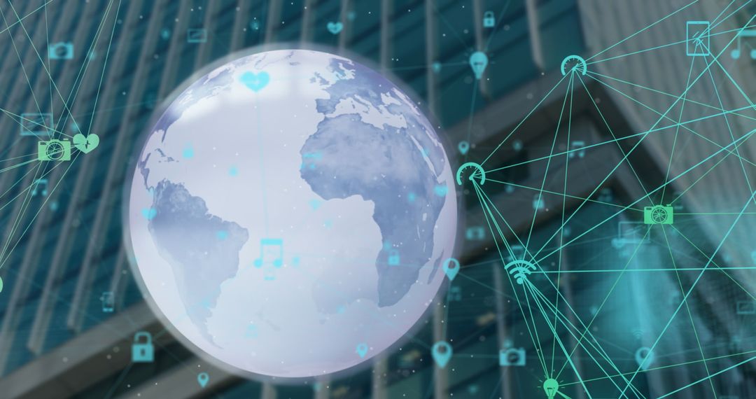 Digital Globe and Network Icons Over Modern Skyscraper