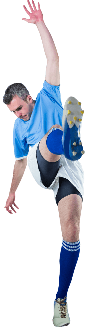 Caucasian Male Soccer Player Powerfully Kicking on Transparent Background