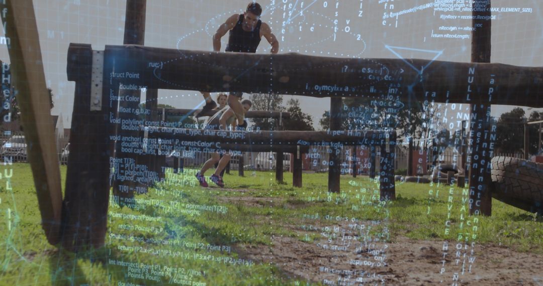 Outdoor Fitness Challenge With Futuristic Code Overlay