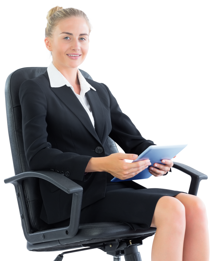 Transparent Businesswoman Sitting on Swivel Chair with Tablet - Download Free Stock Images Pikwizard.com