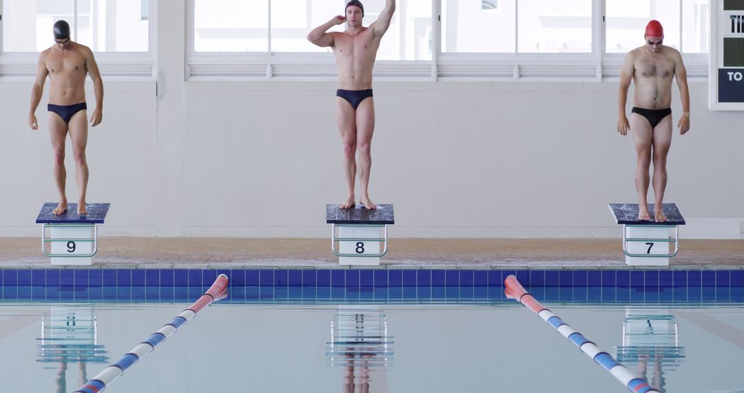 Swimmers Preparing to Dive on Starting Blocks at Indoor Pool - Free Images, Stock Photos and Pictures on Pikwizard.com