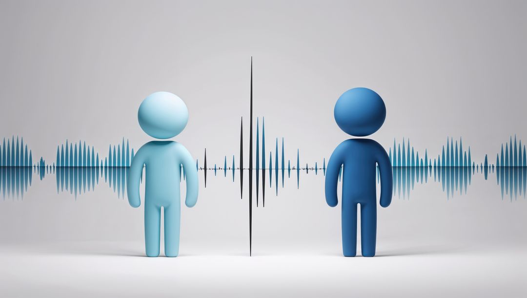 Stylized avatars with digital sound wave in futuristic studio, talking heads theme