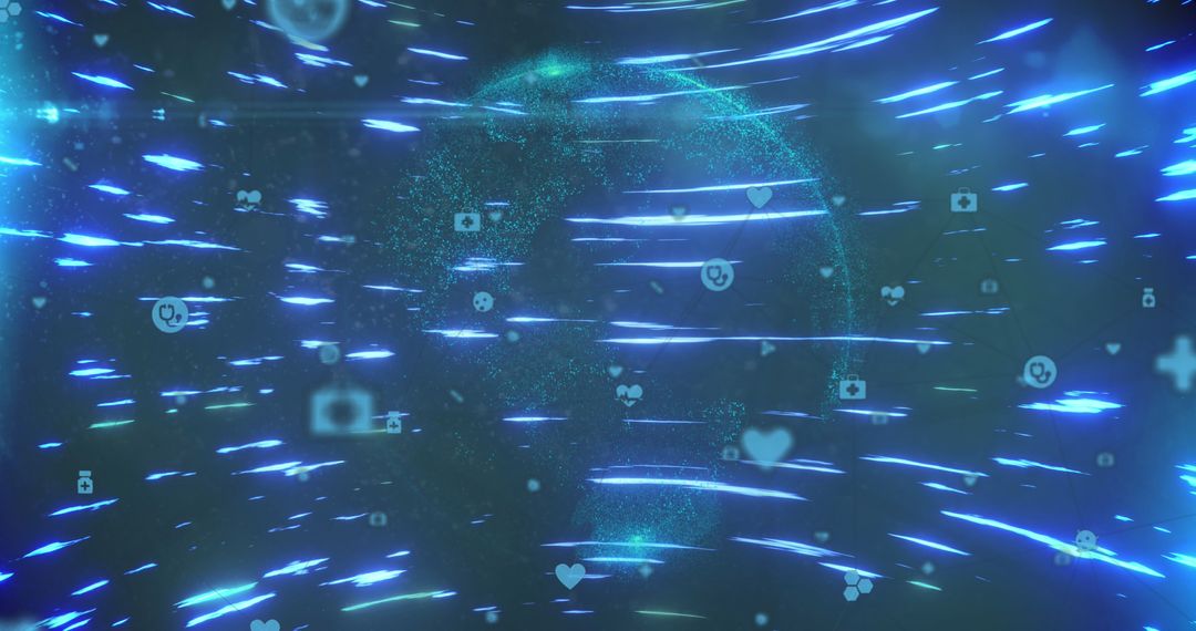 Abstract Digital Network with Icons in Glowing Tunnel